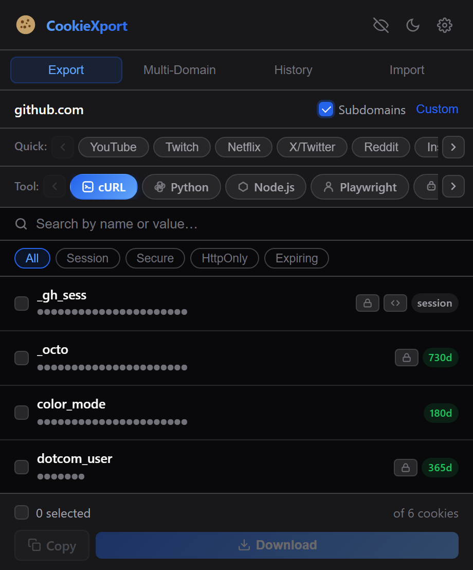 CookieXport Export tab showing cookies for github.com with cURL format selected